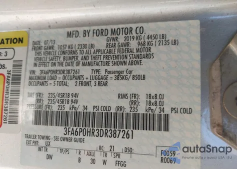 2013 Ford Fusion Se из США, поврежденный, VIN 3FA6P0HR3DR387261